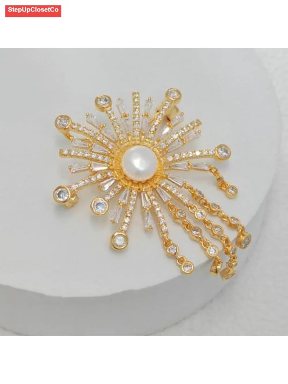 Cubic Zircon Pearl Sunburst Brooch Fringe Tassel Pin